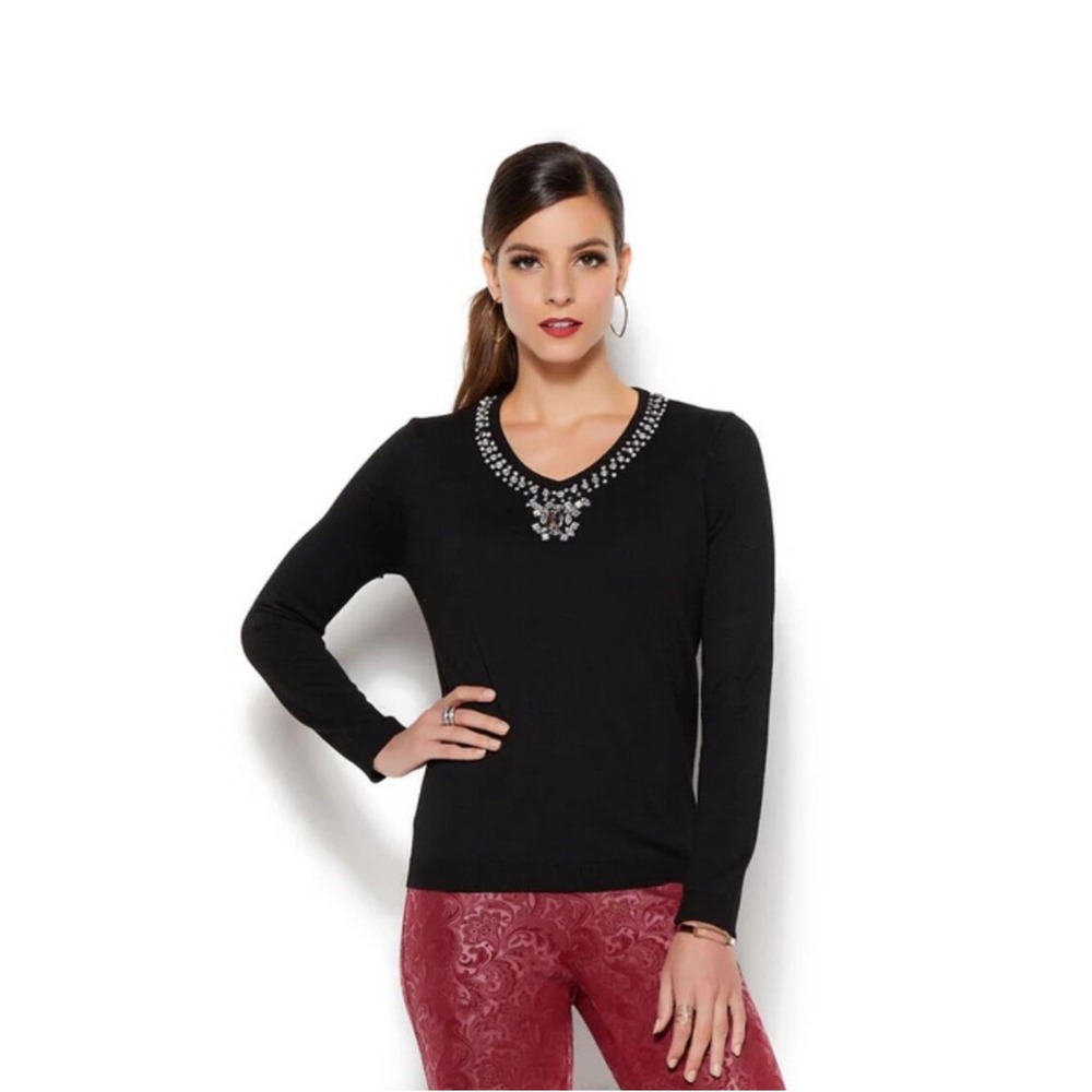 IMAN Jeweled Embellished Touch of Cashmere Sweater Tunic XS‎ Black NWT